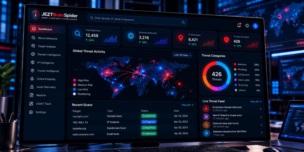 JEZTBrainSpider OSINT Network Graph & Recon Dashboard Preview