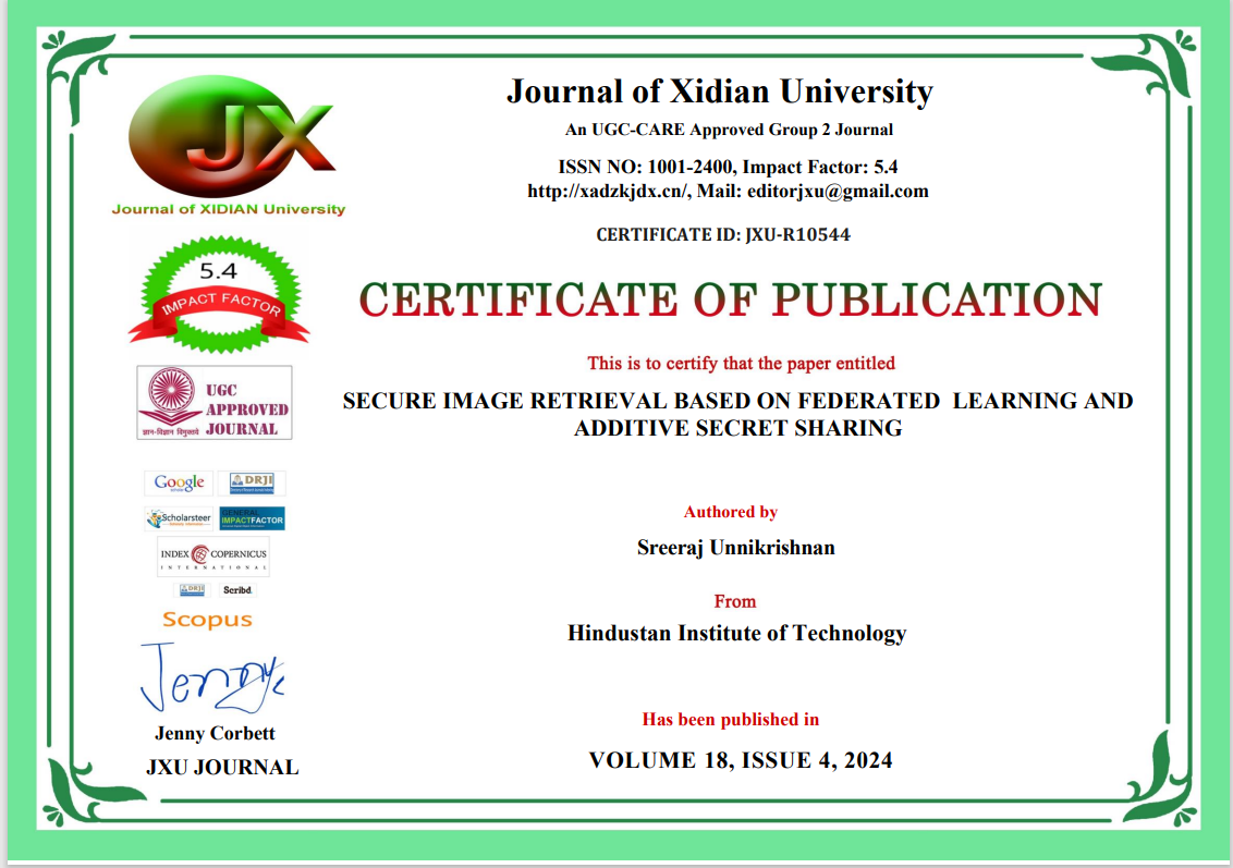 Official Journal of Xidian University Publication Certificate - Sreeraj Unnikrishnan